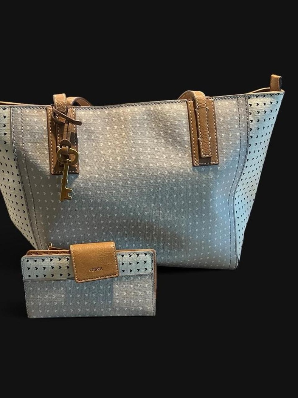Fossil Light Gray Perforated Tote with Tan Trim and Matching Wallet